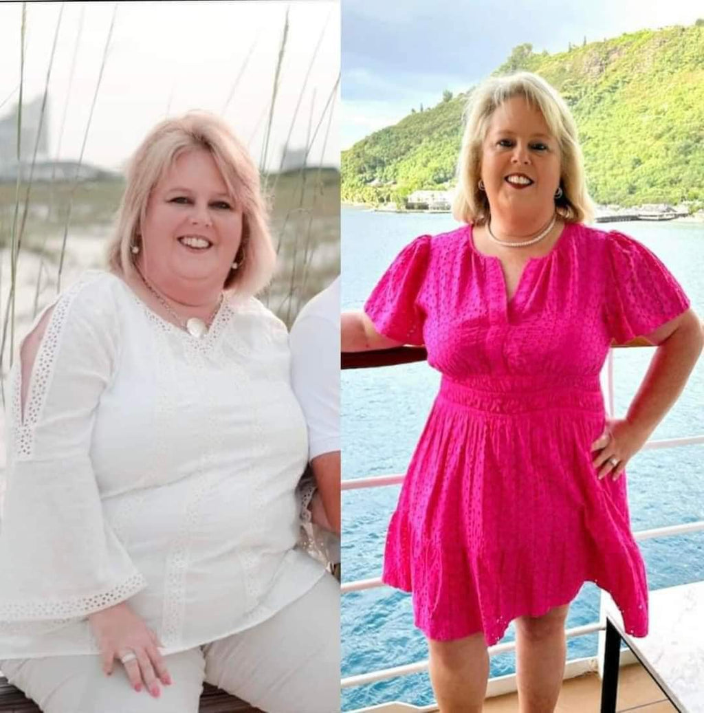 Lady in a before and after picture.